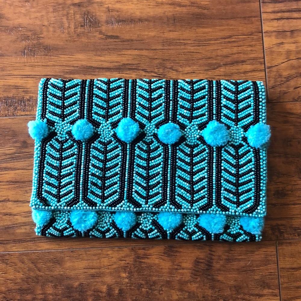 Blue and black beaded clutch